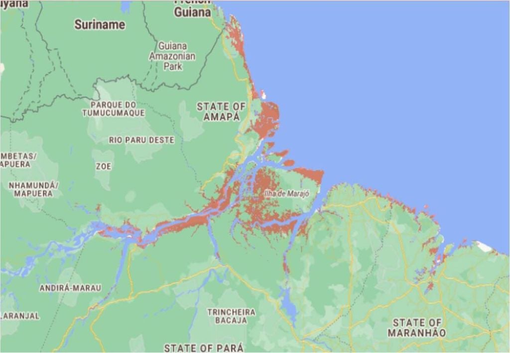 áreas costeiras afetadas, Norte do Brasil