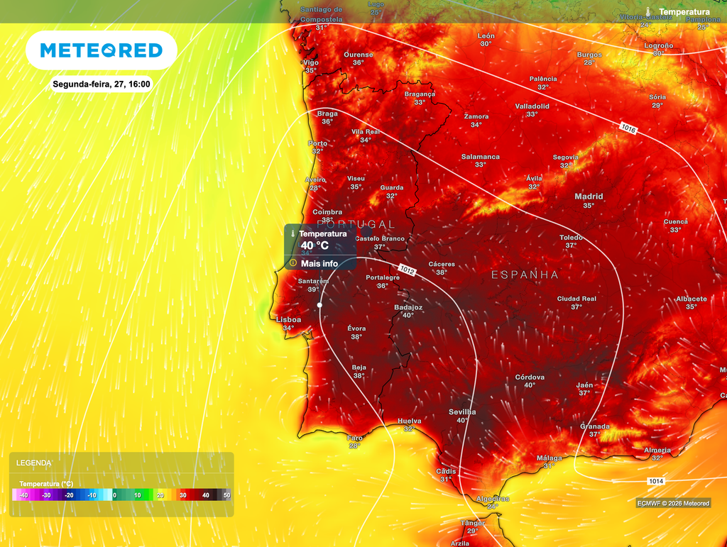 A subida das temperaturas deverá tornar-se mais evidente na segunda-feira, sobretudo no interior Centro e Sul, onde os termómetros poderão atingir os 40 ºC nas regiões mais quentes.