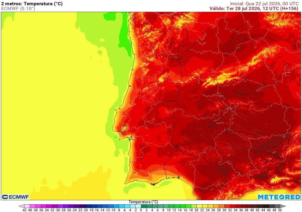 O modelo europeu prevê temperaturas elevadas em Portugal continental durante o início da tarde de 28 de julho, com o calor a fazer-se sentir sobretudo nas regiões do interior, enquanto a influência marítima deverá moderar os valores junto à costa.