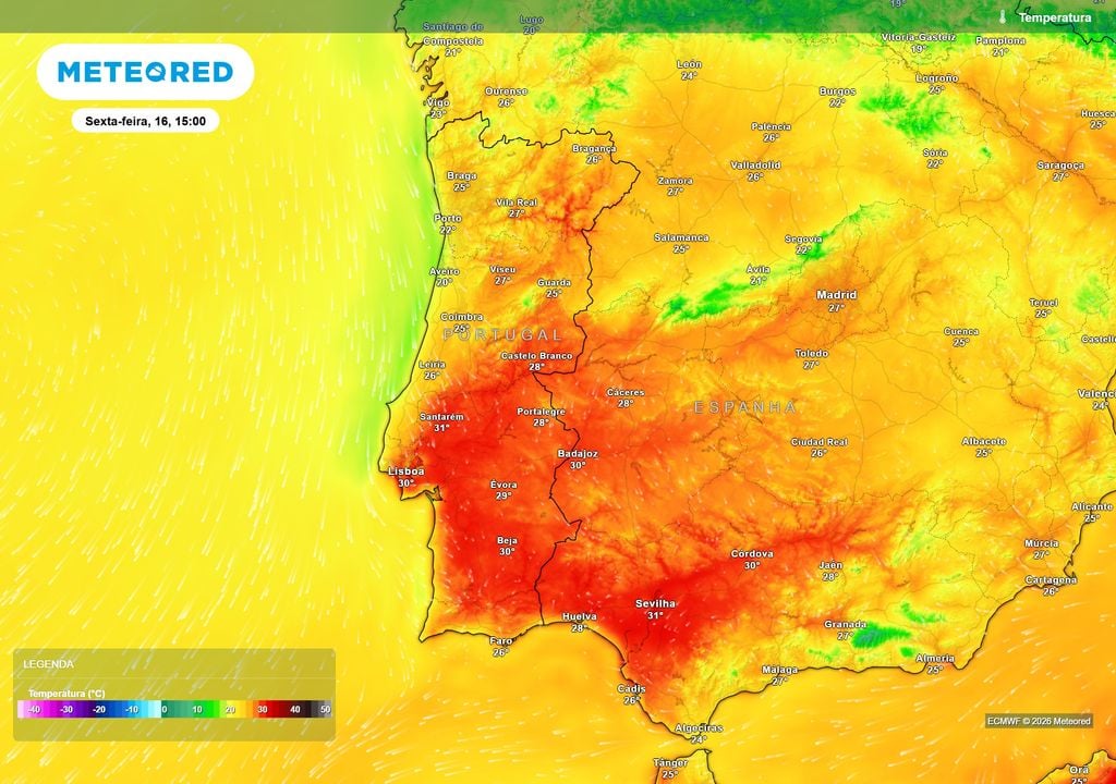 Temperaturas, sexta-feira O calor ainda será protagonista na sexta-feira, com máximas a atingir os 30 ºC em várias zonas do Centro e Sul. No litoral Norte e Centro, a influência atlântica já permitirá valores mais baixos.