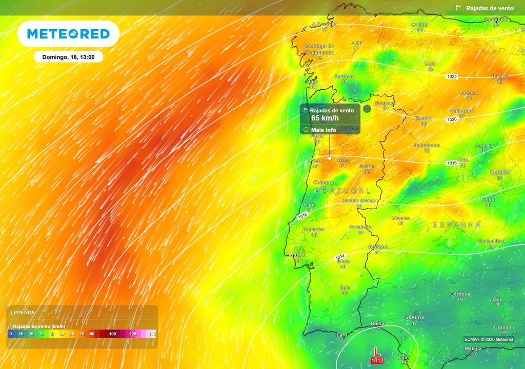 Rajada de vento (km/h) O vento de noroeste também ganhará intensidade no domingo, com rajadas que poderão rondar os 60 a 65 km/h em algumas zonas do Norte e Centro.