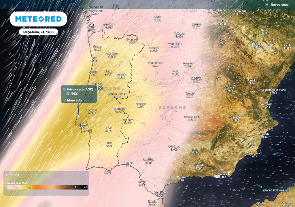 Segundo os nossos mapas, a concentração de poeiras na atmosfera poderá ser maior na terça-feira, dia 24, como podemos observar.