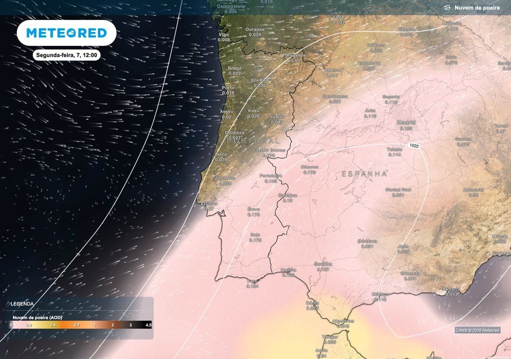 Ao meio-dia de segunda-feira, a pluma deverá já ter perdido expressão no Norte e Centro, enquanto a presença de poeiras continuará mais evidente no Sul. A entrada gradual de ar marítimo deverá favorecer a sua dispersão ao longo do dia.
