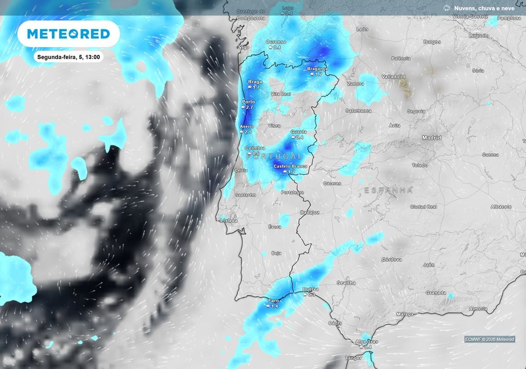 A chuva deverá afetar sobretudo o Norte e Centro durante a segunda-feira (5), contribuindo para acentuar os contrastes térmicos entre regiões próximas.