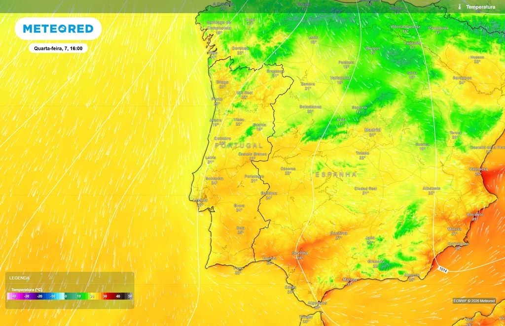 Quarta-feira ainda terá temperaturas relativamente frescas em várias regiões O ECMWF prevê temperaturas geralmente entre os 20 e os 25 ºC durante a tarde, com valores ligeiramente inferiores em algumas áreas do interior Norte e Centro.