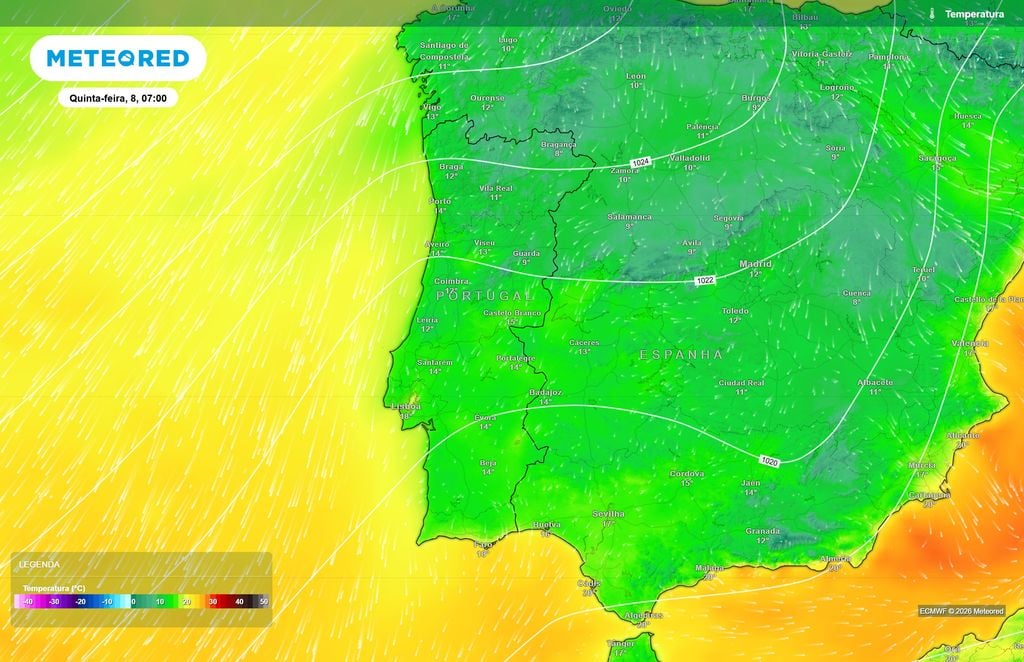 Quinta-feira começará fresca antes de uma subida acentuada dos termómetros Durante a manhã, grande parte do território deverá registar valores entre aproximadamente 10 e 15 ºC, antes de uma subida expressiva durante a tarde.