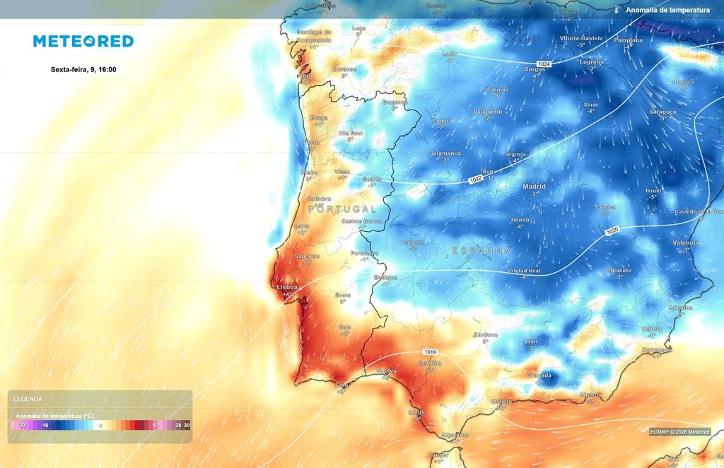 Sexta-feira terá fortes contrastes nas anomalias de temperatura Algumas zonas do litoral poderão registar temperaturas acima da média, enquanto no interior os valores deverão permanecer próximos ou ligeiramente abaixo do habitual.