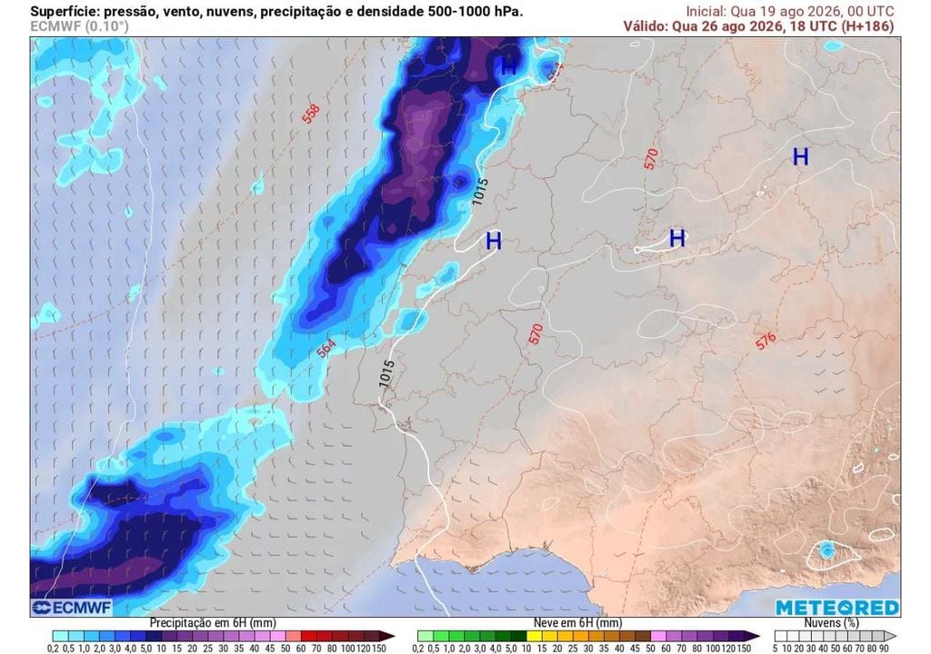 A extensa faixa de precipitação atlântica deverá alcançar Portugal na quarta-feira, dia 26. A chuva poderá ser moderada a localmente forte no litoral Norte e Centro, estendendo-se também a regiões do interior.