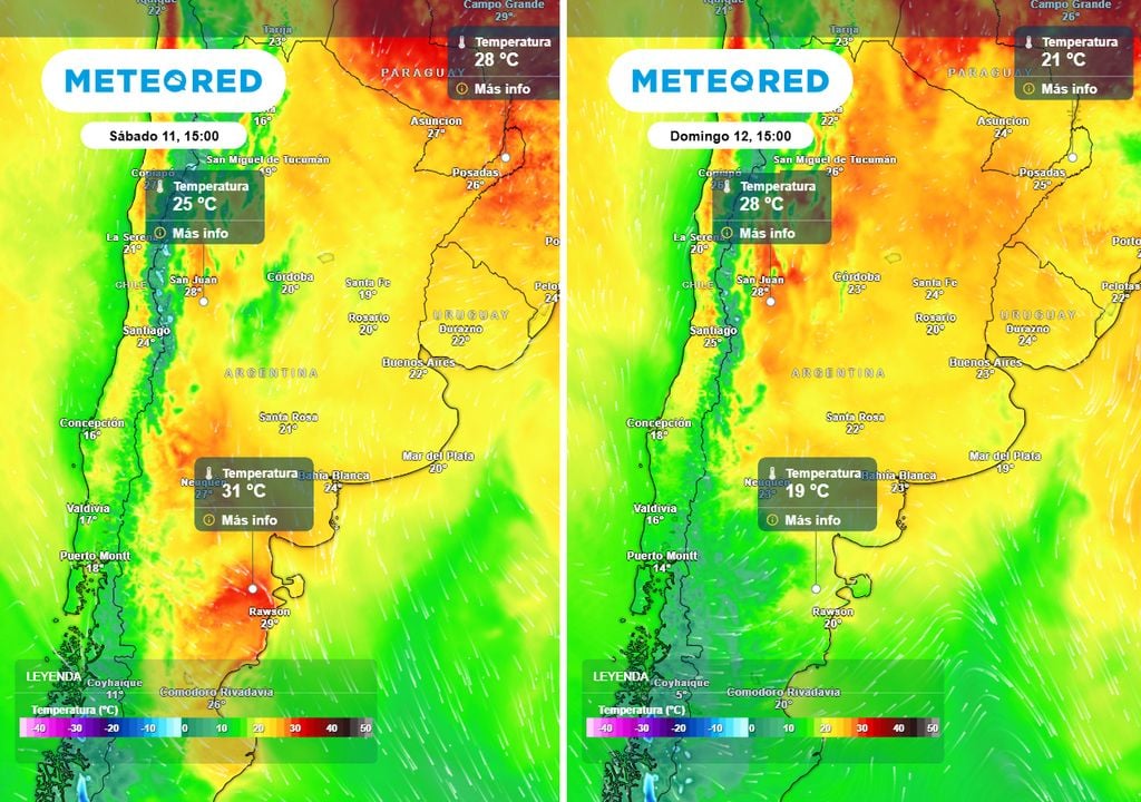 Temperaturas finde Uno de los eventos más destacados del fin de semana, será el descenso de más de 10 °C de temperatura en el norte patagónico y de hasta 8 °C en el NOA. El centro del país, sin cambios significativos.