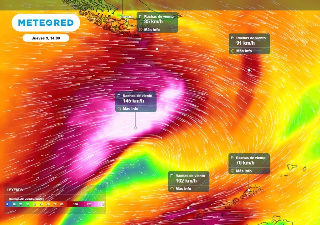 Ráfagas drake El jueves, en el Pasaje Drake, se esperan vientos que superarán ampliamente los 100 km/h, con ráfagas máximas que pueden alcanzar y superar, los 150 km/h