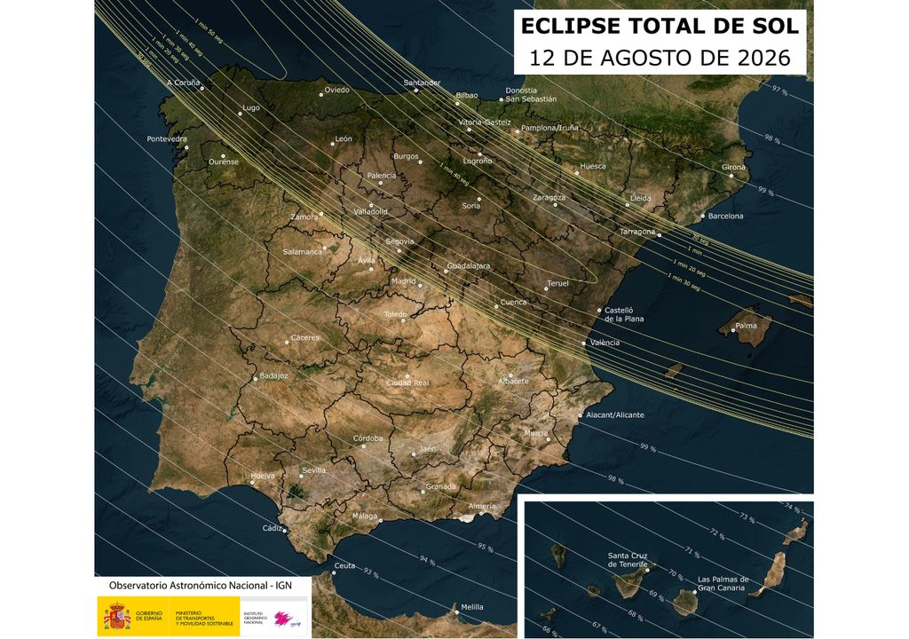 Recorrido de la franja de totalidad del eclipse del 12 de agosto de 2026, con la duración máxima de la totalidad en cada zona. También se muestra el porcentaje de ocultación del Sol en las áreas donde el eclipse será parcial. Fuente: IGN.