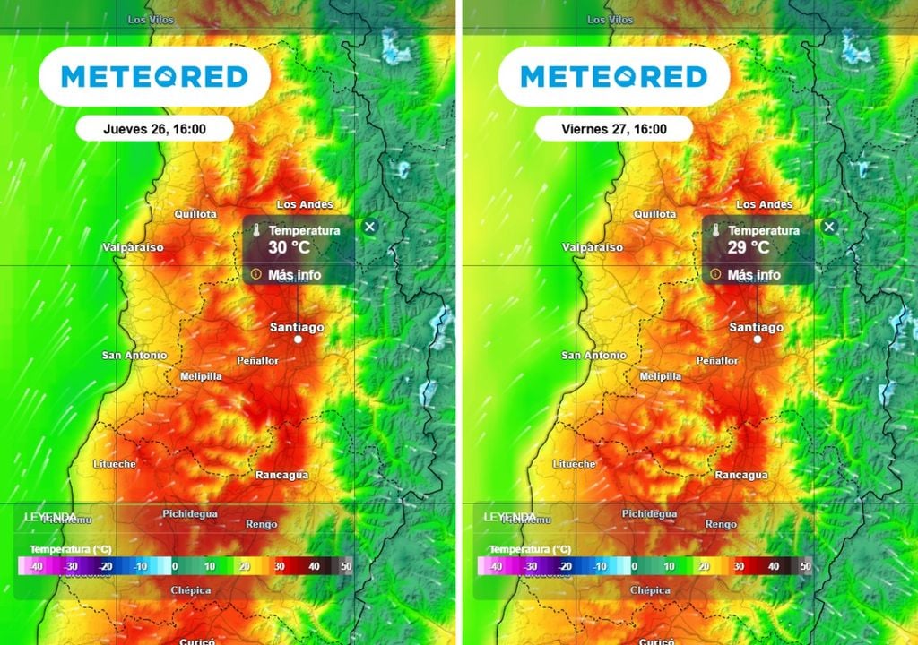 mapas de temperatura Entre el jueves y viernes se comenzará a sentir el cambio térmico en la Región Metropolitana: los registros apenas rozarán los 30 grados.