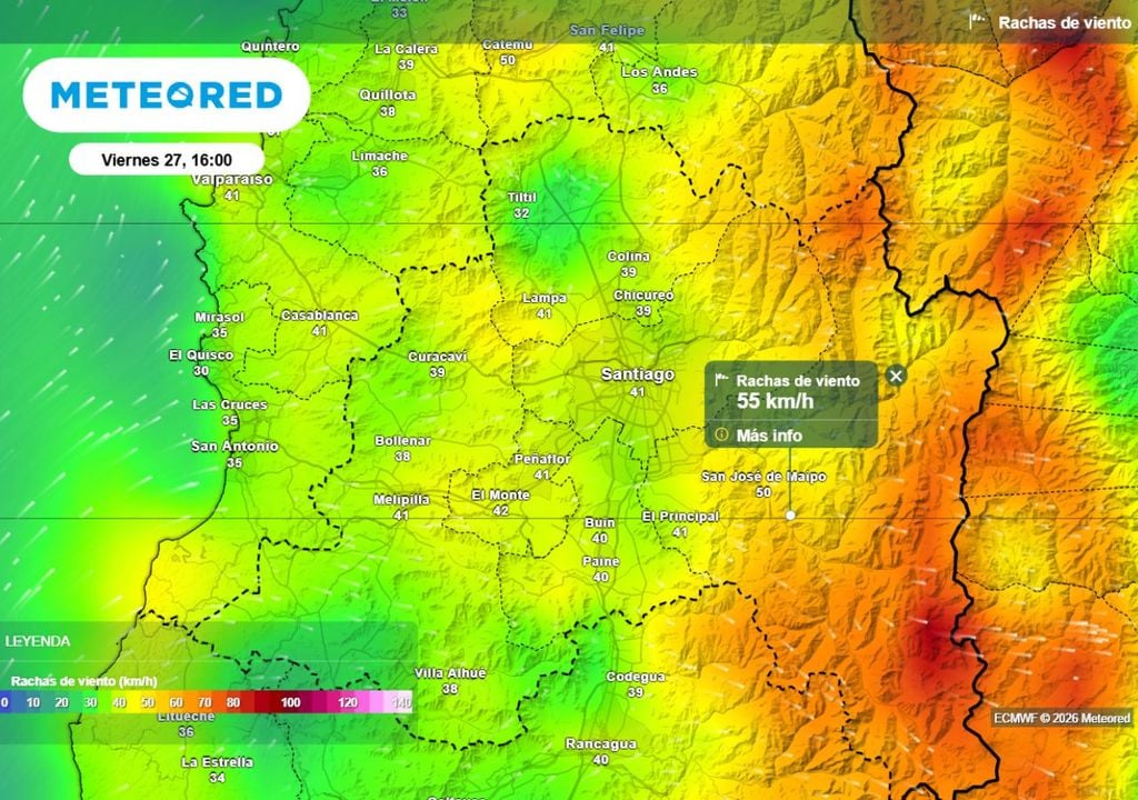 mapa de rachas de viento El viento volverá a intensificarse durante la tarde del viernes, con rachas que podrían alcanzar entre 50 y 55 km/h en la precordillera.