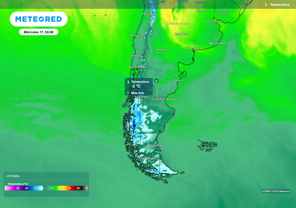 El modelo ECMWF, proyecta temperaturas bajo cero en la madrugada del miércoles 17 en la Patagonia chilena, con –2 °C en Coyhaique y heladas extendidas entre Aysén y Magallanes.