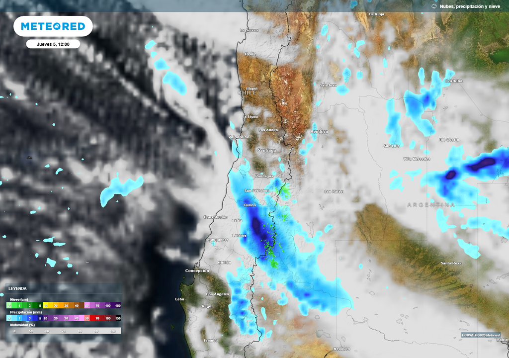 Las precipitaciones se extenderían hasta la región del Maule de anera relevante y chubascos aislados alcanzarían sectores de O’Higgins, la zona sur de la Región Metropolitana y sectores de Valparaíso.