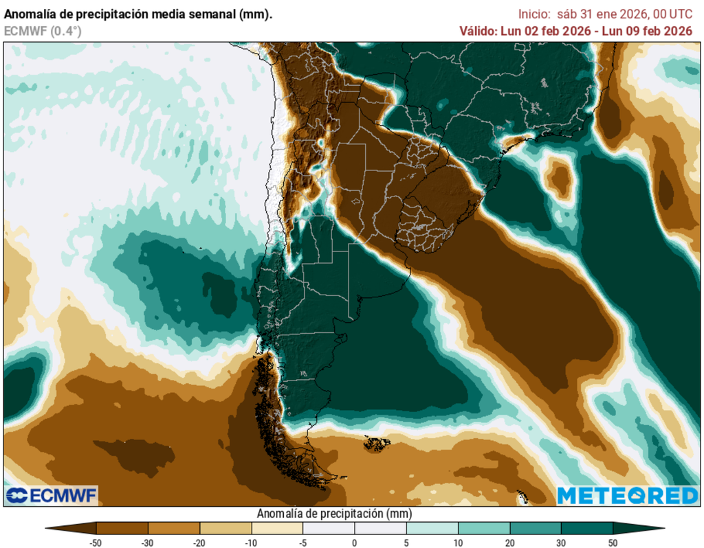 Mapa de anomalía de precipitación semanal del modelo ECMWF muestra lluvias sobre lo normal en el centro-sur y sur de Chile, con acumulados que podrían superar entre 30 y 50 mm respecto al promedio para la primera semana de febrero.