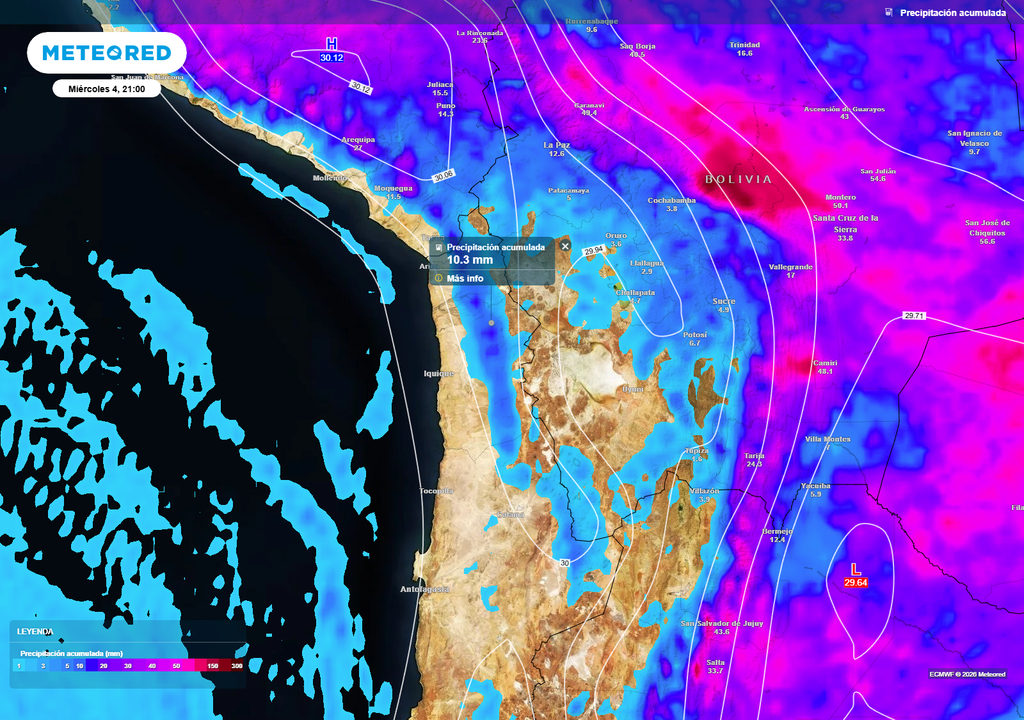 Mapa de precipitación acumulada hasta el miércoles muestra montos concentrados principalmente en sectores cordilleranos del norte y centro del país, con acumulados que en algunas zonas podrían superar los 10 mm, asociados a inestabilidad en altura.