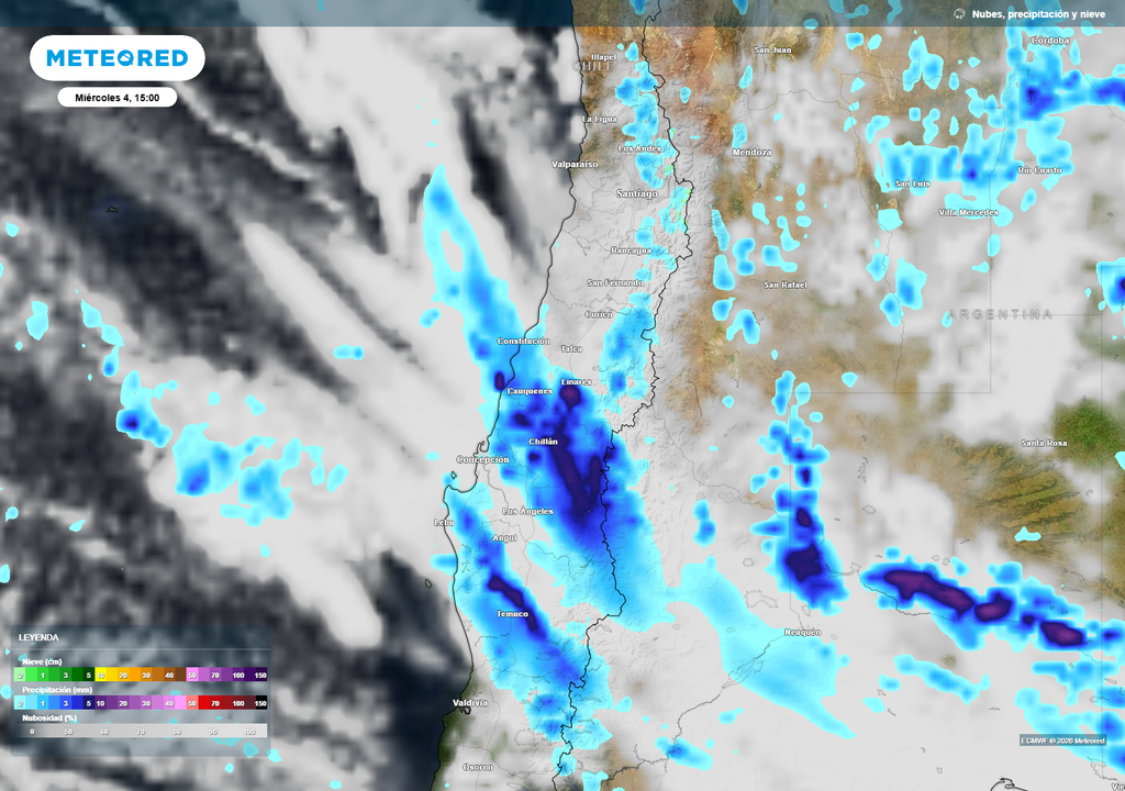 La próxima semana, el avance de las lluvias podría alcanzar las regiones de Maule, Ñuble y Biobío durante la mitad de la semana, con núcleos más intensos y presencia de viento moderado asociado al sistema frontal.