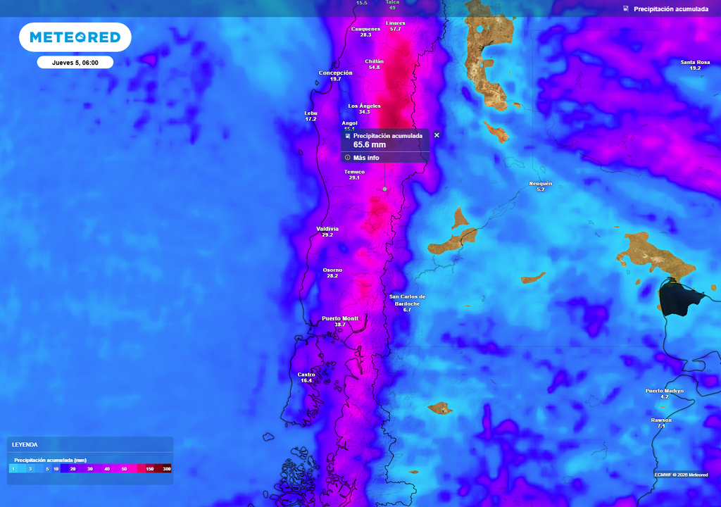 El modelo ECMWF proyecta montos superiores a 50 mm entre las regiones del Biobío y Los Lagos hasta el jueves, con los mayores acumulados concentrados en sectores precordilleranos y cordilleranos.