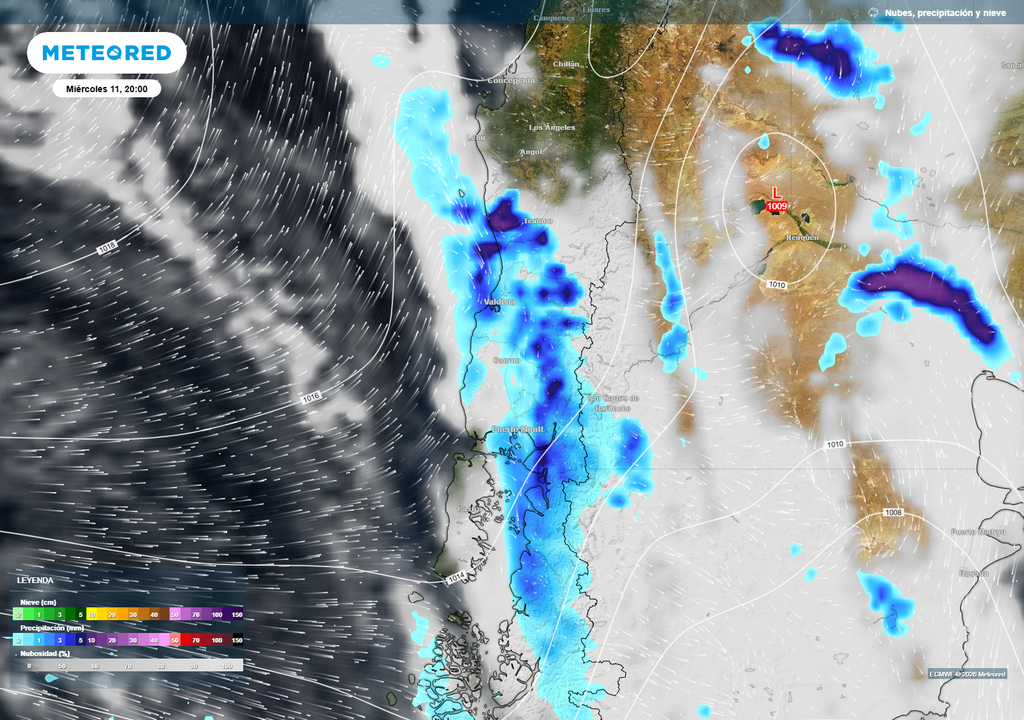 Proyección del modelo ECMWF muestra precipitaciones afectando la zona sur de Chile, con lluvias entre La Araucanía y Los Lagos.
