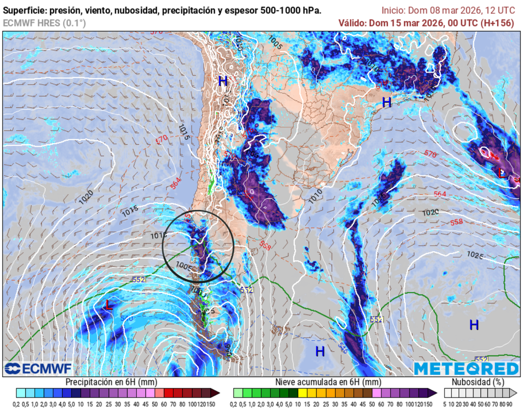 La proyección del modelo ECMWF indica el reforzamiento de las precipitaciones durante el sábado 14 en la macrozona sur.