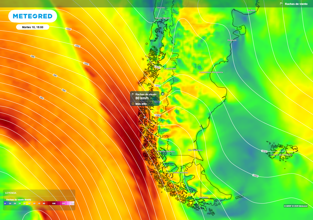 Mapa indica intensas rachas de viento en la Patagonia, donde podrían superarse fácilmente los 80 km/h debido al fuerte gradiente de presión asociado al sistema frontal.