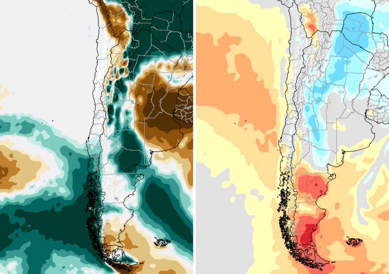Anomalías previstas para la semana del lunes 9 al lunes 16 de marzo: a la izquierda, verde lluvias sobre lo normal; a la derecha, anomalías de temperatura muestran zonas más cálidas de lo normal en color amarillo y naranjo.
