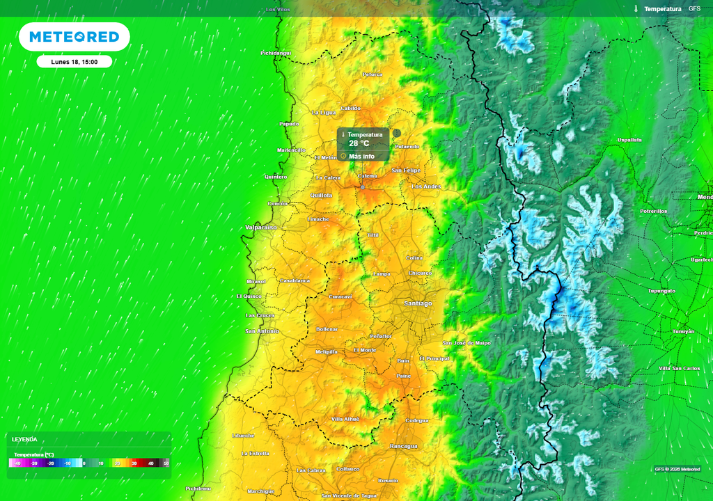 El modelo GFS muestra una tarde cálida para este lunes 18 en la zona central, con sectores interiores entre Valparaíso y la Región Metropolitana bordeando los 28 °C, mientras la costa se mantendría más moderada.