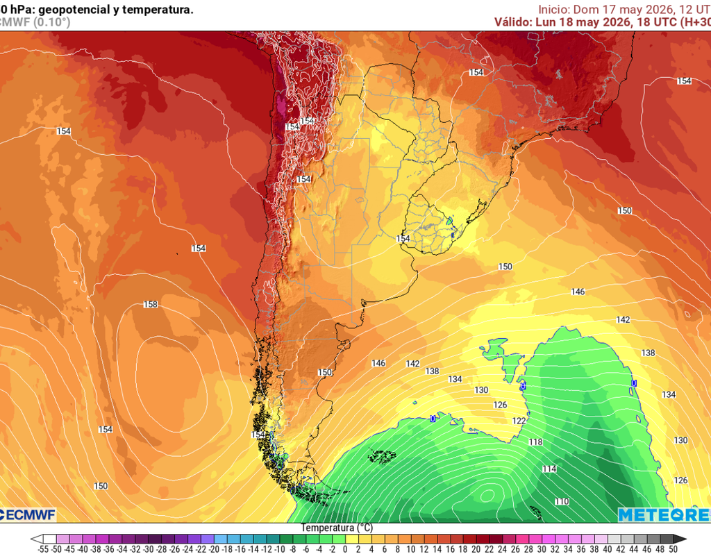 El modelo ECMWF muestra el dominio de altas presiones y el desarrollo de una dorsal en altura con aire cálido sobre gran parte de Chile para el lunes 18, favoreciendo estabilidad, ausencia de lluvias y tardes templadas a cálidas en las zonas norte y centro.