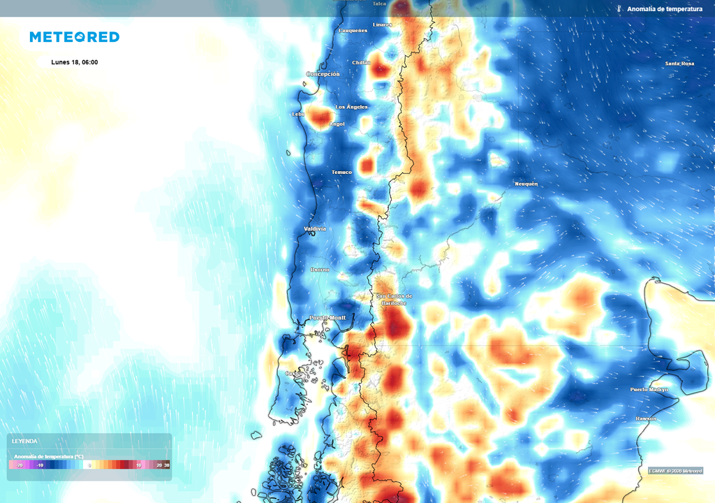 Las anomalías de temperatura muestran mañanas más frías de lo habitual en varios sectores del sur de Chile, favoreciendo heladas y nieblas matinales al inicio de la semana.