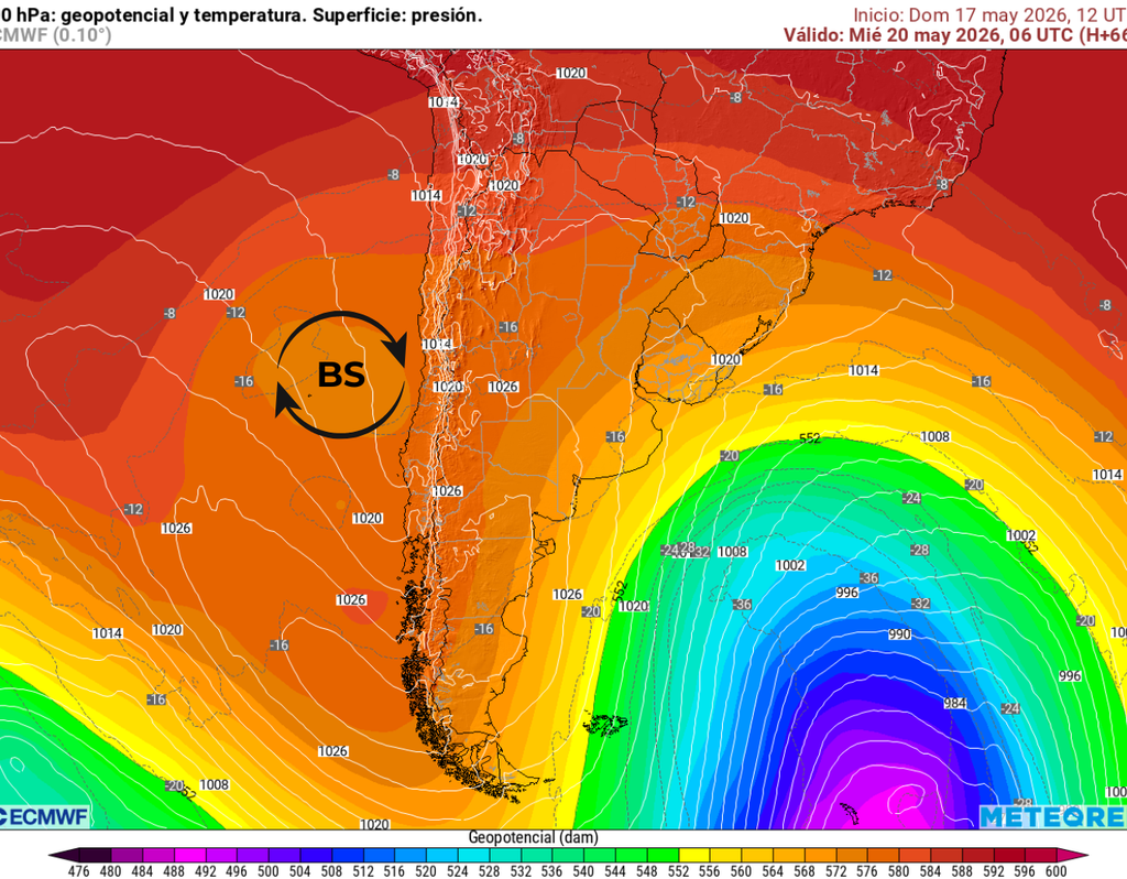 El modelo ECMWF muestra la presencia de una baja segregada frente a la zona central para el miércoles 20, favoreciendo el ingreso de nubosidad y aire más fresco, con un descenso de las temperaturas máximas.