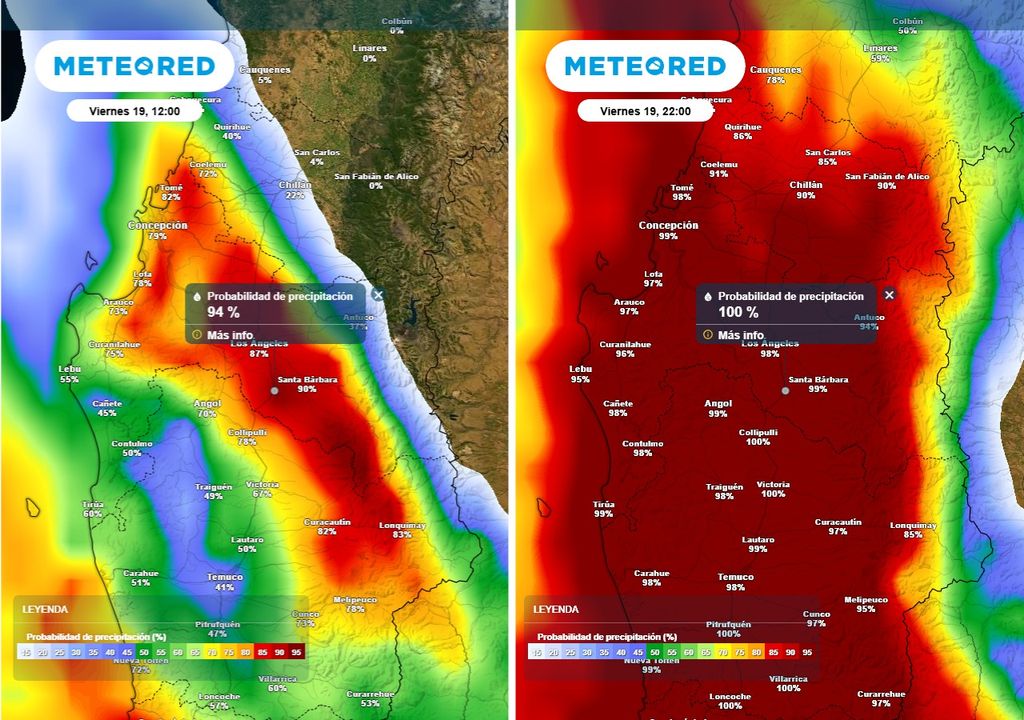 Probabilidad de precipitación (%) para el mediodía -imagen izquierda- y noche -imagen derecha- del viernes 19 de septiembre 2025 en la Región de Biobío.