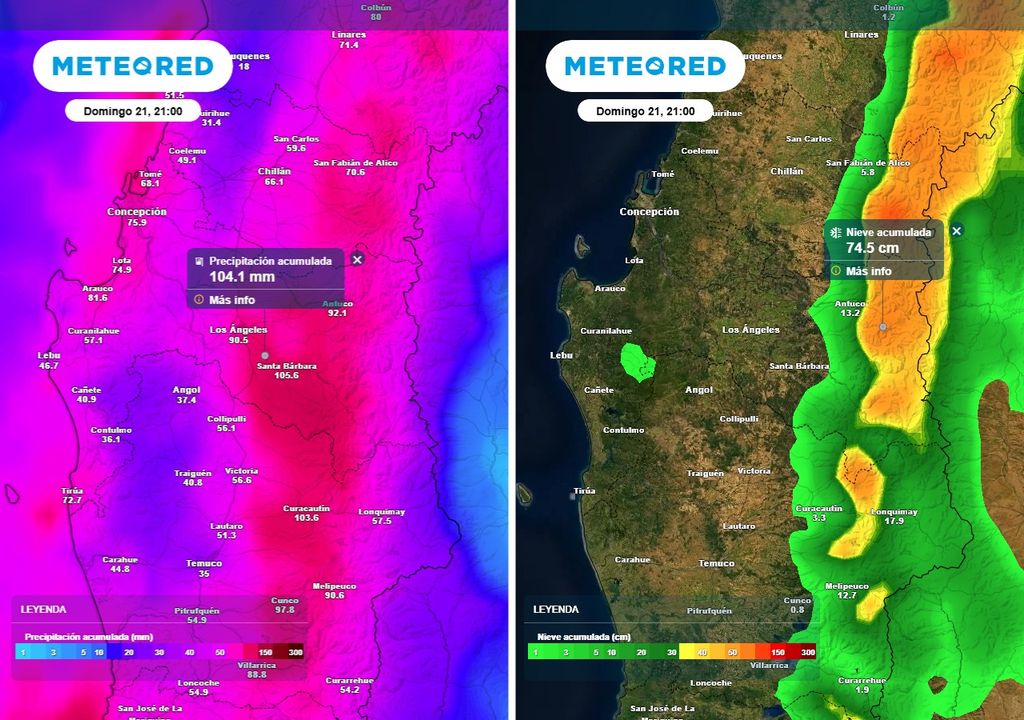 Precipitación (mm) -imagen izquierda- y nieve (cm) -imagen derecha- acumuladas hasta la noche del domingo 21 de septiembre 2025 en la Región de Biobío.
