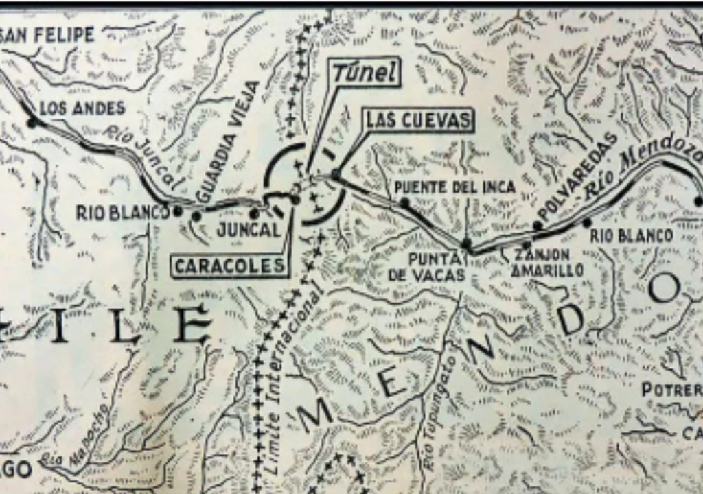 Mapa con parte del recorrido que completaba el tren Trasandino entre Mendoza y Chile. Foto: Gentileza Ferroclub Trasandino.
