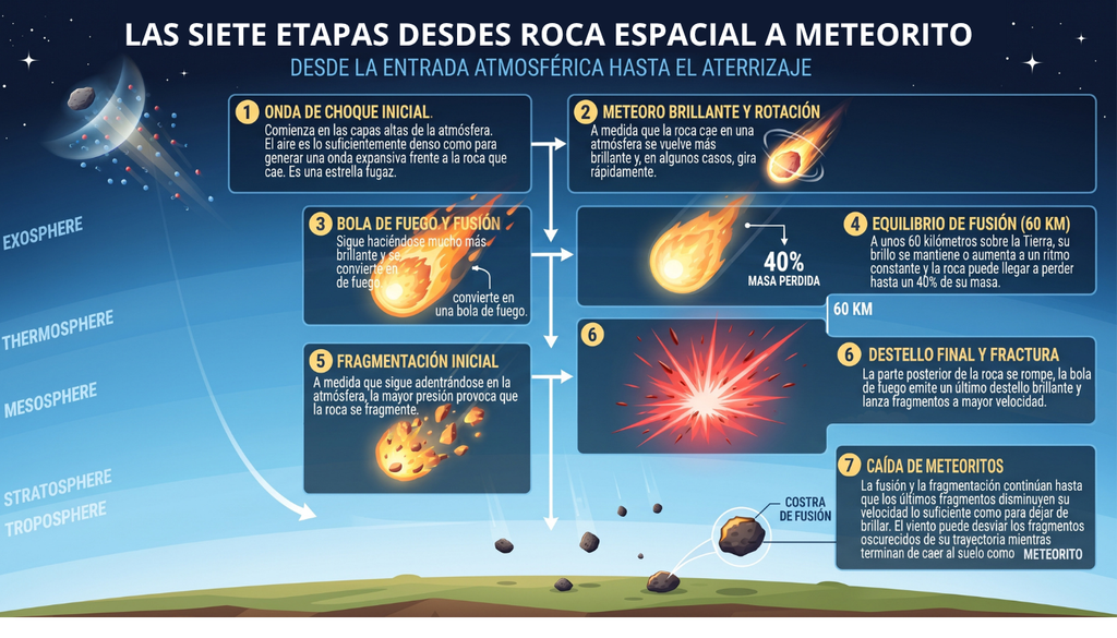 Fases en las que una roca espacial se transforma en meteorito. Imagen elaborada con IA a partir de la información de SETI.