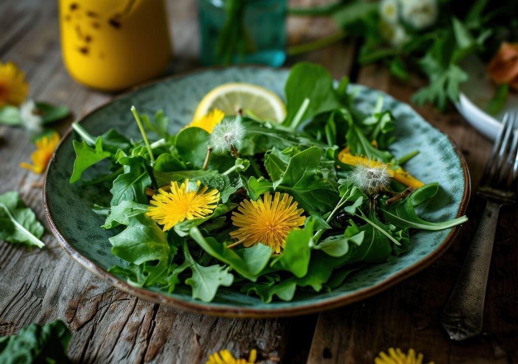 Las hojas del diente de león se integran fácilmente en ensaladas, sopas o pestos verdes, aportando un sabor herbal similar a la rúcula.