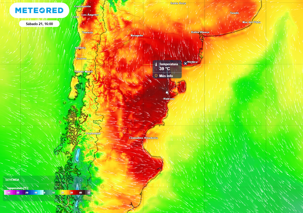 Regresaron los registros de las elevadas temperaturas en la franja norte y centro de la Patagonia Regresaron los registros de las elevadas temperaturas en la franja norte y centro de la Patagonia. Modelo: ECMWF