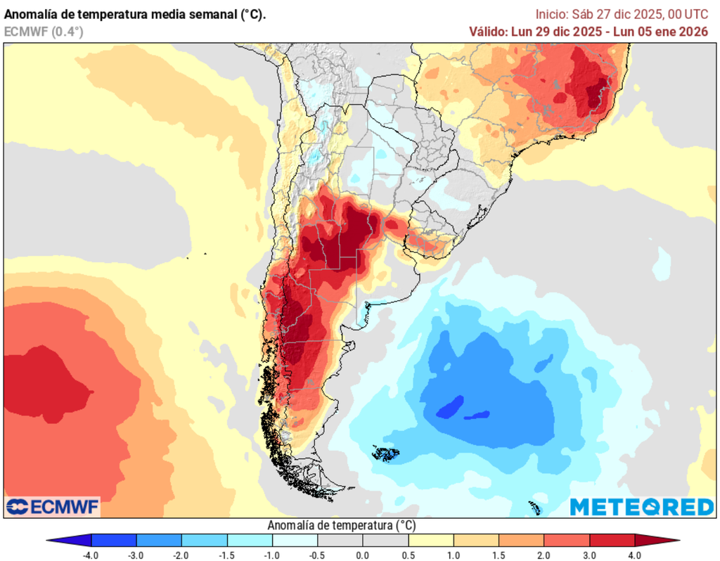 Mapa de anomalía de temperatura semanal.