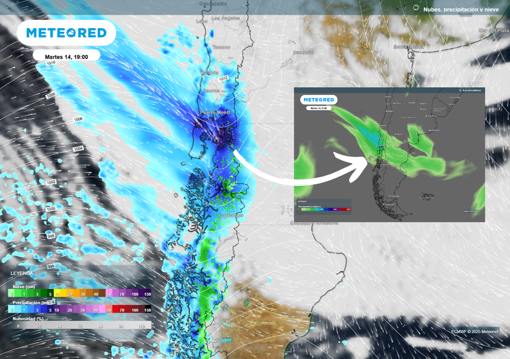 mapa de lluvia y nieve. Mapa pequeño: con río atmosférico. mapa de lluvia y nieve. Mapa pequeño: con río atmosférico.