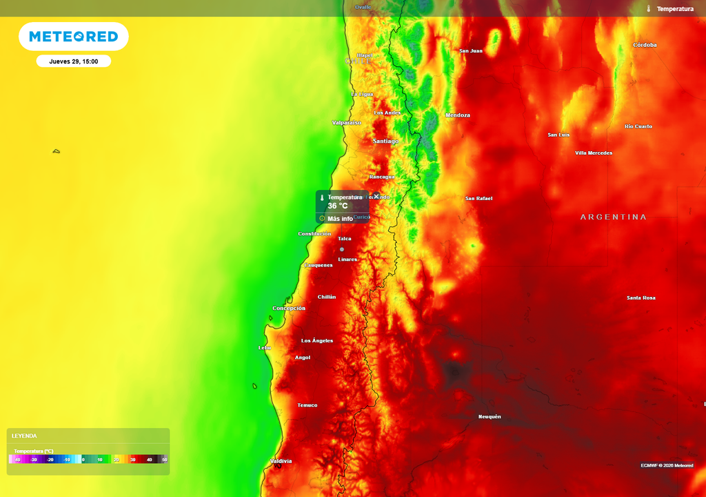 El mapa muestra temperaturas extremas en la zona central, con valores que podrían superar los 36 °C durante el jueves 29, en contraste con el aire más fresco del Pacífico.