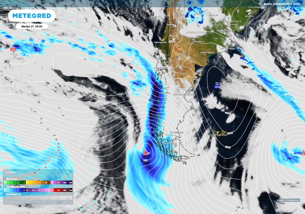 Un sistema frontal meridional avanza hacia Chile, dejando lluvias, nubosidad y vientos intensos, especialmente en la Patagonia y el sur del país.