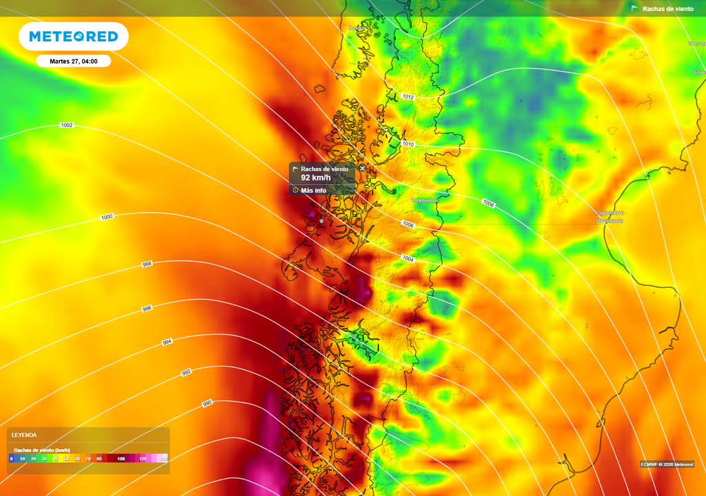 Se prevén ráfagas de viento que podrían superar los 90 km/h en sectores de Aysén, asociadas al paso de un sistema frontal durante la madrugada del martes 27.