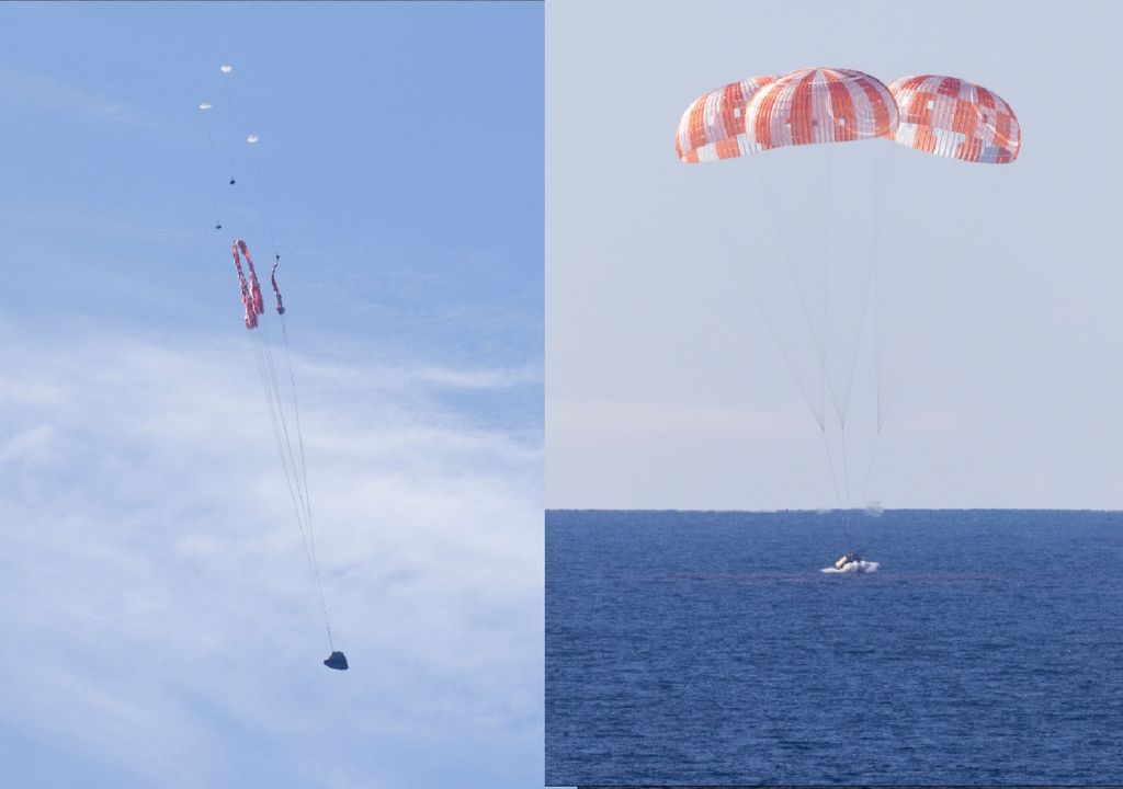Así se vivió el espectacular regreso a la Tierra de los astronautas en la histórica misión Artemis II. Las imágenes muestra a los paracaídas desplegándose y desacelerando a Orion, hasta el amarizaje. Créditos: NASA