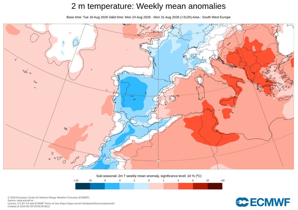Anomalías de temperatura en España Predicción subestacional de anomalías de temperatura para la semana del 24 al 31 de agosto. El modelo europeo prevé temperaturas inferiores a la media en prácticamente toda la Península. Fuente: ECMWF.