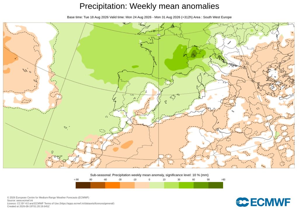 Anomalías de precipitación en España Predicción subestacional de anomalías de precipitación para la semana del 24 al 31 de agosto. Las precipitaciones podrían situarse por encima de la media en amplias zonas del norte y oeste peninsular, mientras que en algunos sectores del sur y sureste serían inferiores a lo habitual. Fuente: ECMWF.
