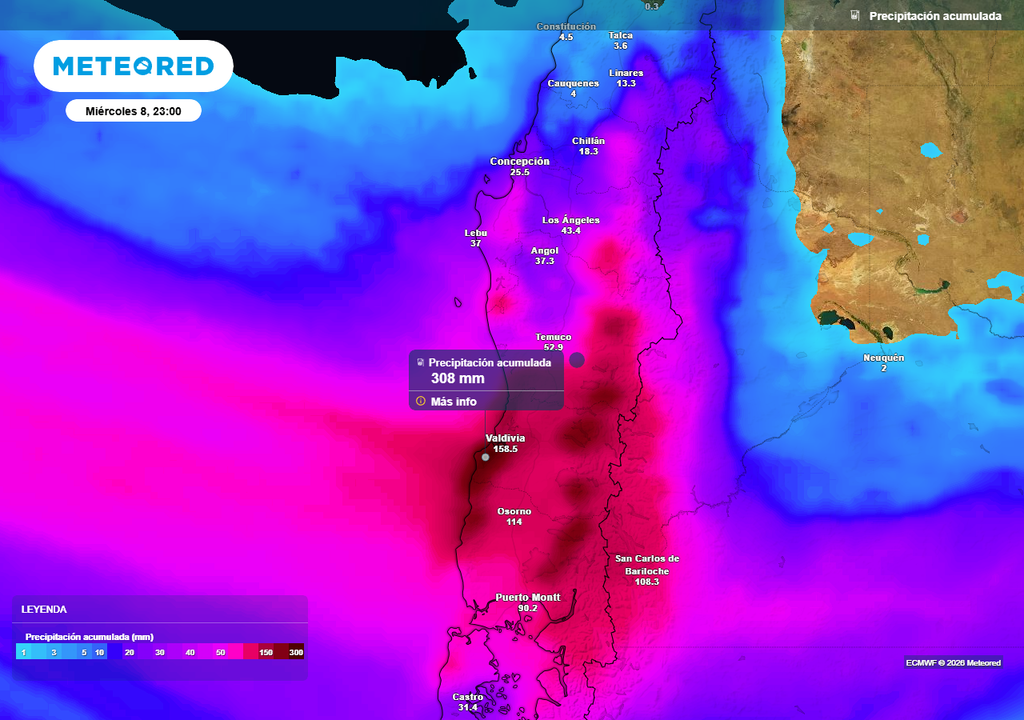 Hasta 120 mm de lluvia en las regiones de La Araucanía y Los Ríos Precipitación acumulada (mm) hasta la noche del miércoles (08) en el centro-sur de Chile.