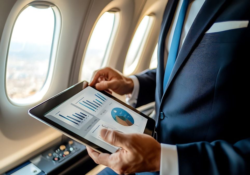 Persona con una tablet en un avión