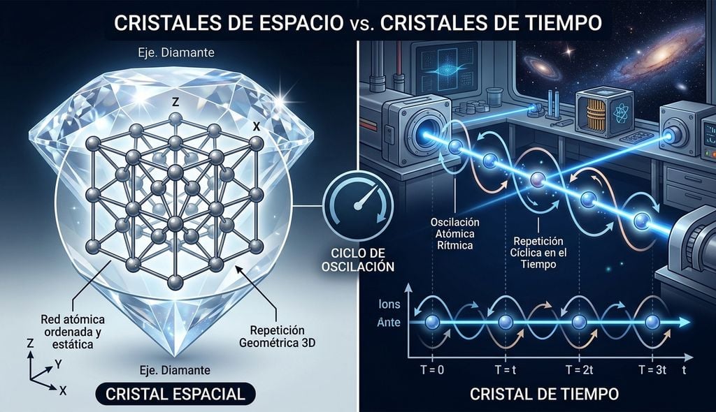Cristales espaciales y temporales. Créditos: esquema generado con IA.