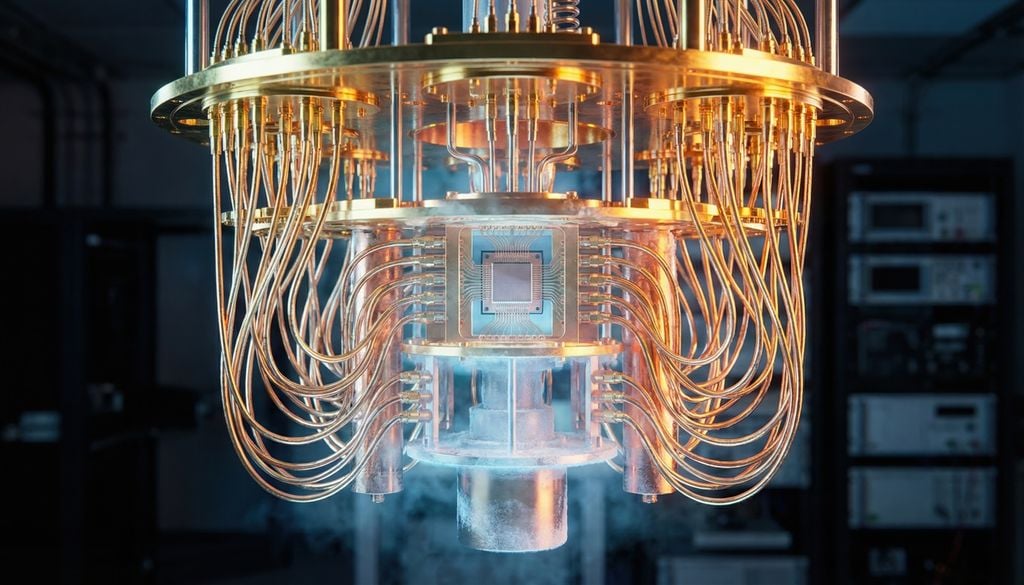 Vista de cerca del chip superconductor y el sistema de refrigeración de una computadora cuántica. Imagen: generada con IA.