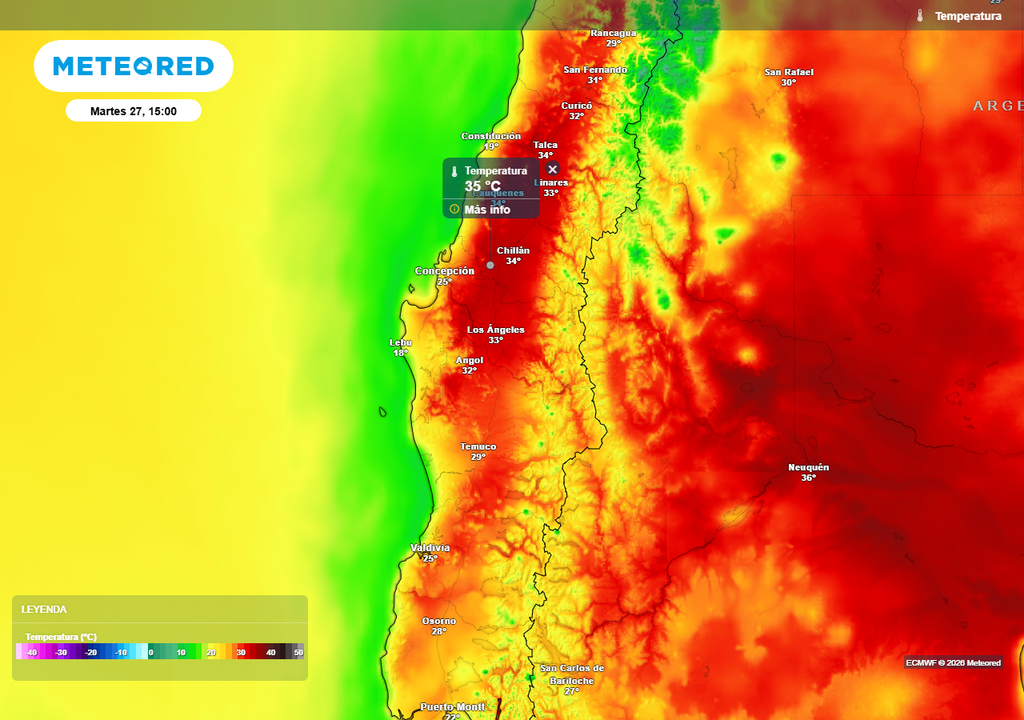 Temperatura máxima (°C) para el martes 27 de enero 2026 en Chile centro sur.